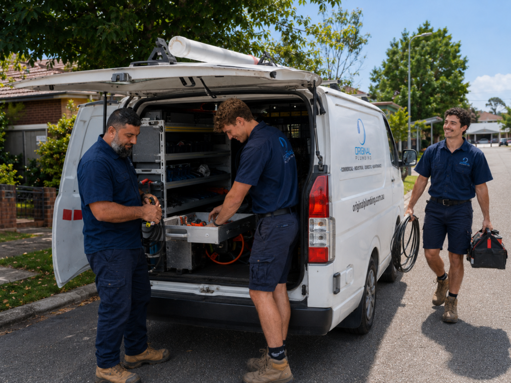 The Original Plumbing team setting up at the van on a residential street, Original Plumbing plumber North Rocks