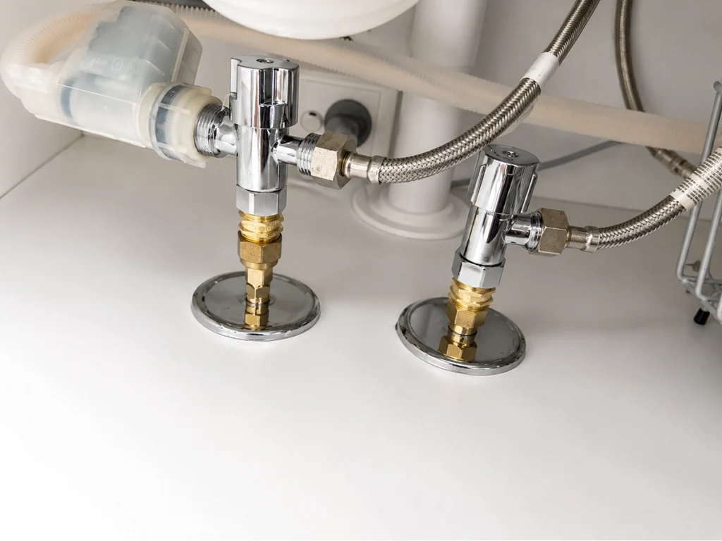 Isolation valves and flexible hoses under a sink, plumber Norwest