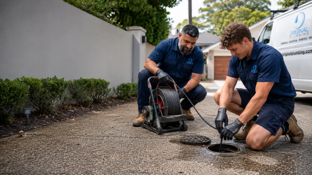 Feeding a drain camera down an outdoor inspection point, Original Plumbing blocked drains Lidcombe