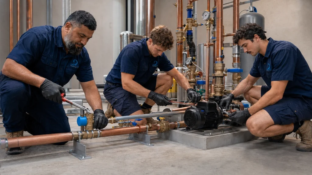 Working on copper water pipework and a pressure pump, Original Plumbing plumber Pendle Hill