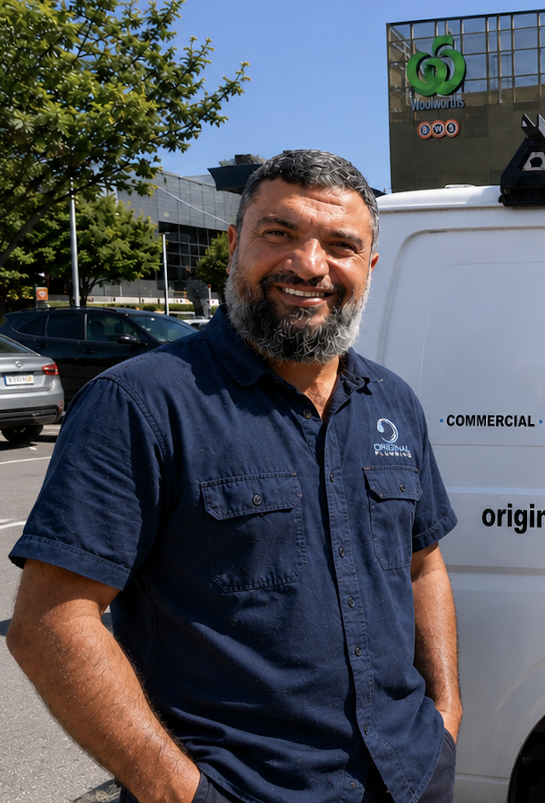 Mustafa, owner of Original Plumbing, in front of his service van